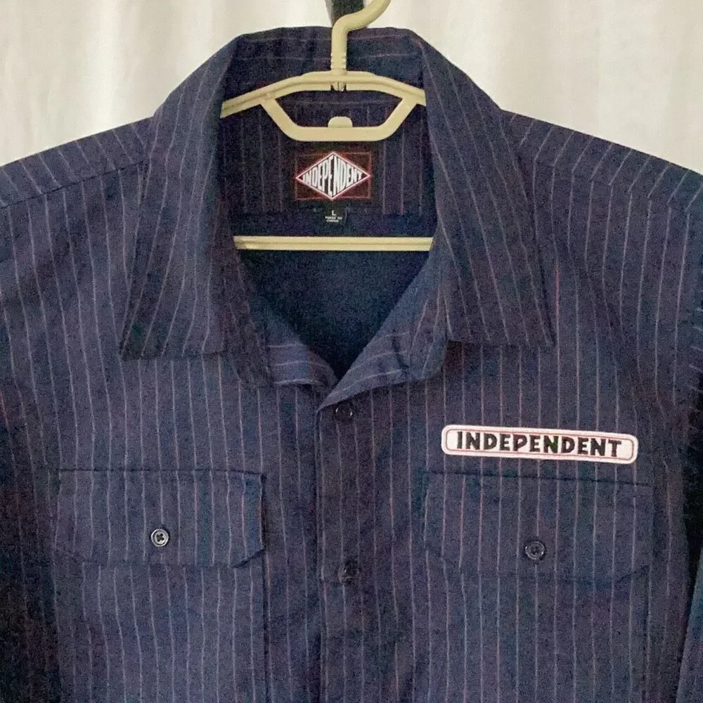 Independent Bar Logo Navy & Red Pinstripe Button Up Shirt Men’s Large - Picture 4 of 10